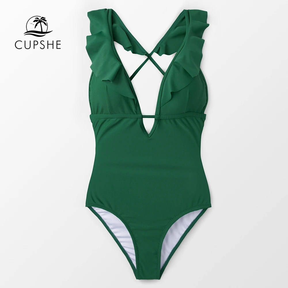 CUPSHE, сексуальный цельный купальник с рюшами, женский купальник с v-образным вырезом, завязанный сзади, с открытой спиной, однотонный Монокини,, пляжный однотонный купальный костюм, купальник