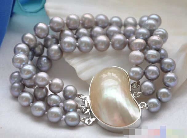

FREE SHIPPING>>>@@ > 01230 3row 8" GRAY ROUND FRESHWATER PEARL BRACELET