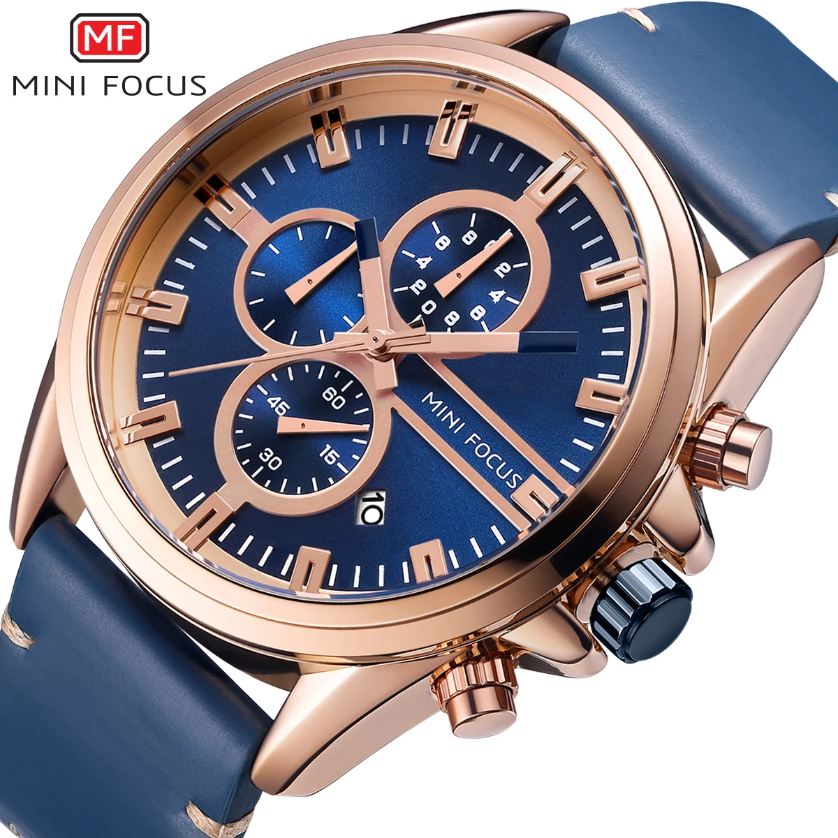 

MINIFOCUS Blue Mens Watches Top Brand Luxury Chronograph Quartz Clock 3 Sub-dials 6 Hands Fashion Waterproof Leather Wrist Watch