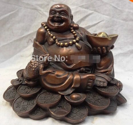 

Fast shipping 9" Chinese Pure Bronze Coin Happy Laughing Maitreya Buddha Toad Statue