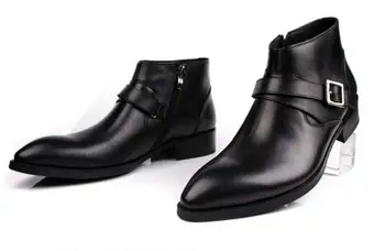 

Roman Boots Dress Shoes Men Slip On Genuine Leather High Top Casual Shoes Buckle Side Zipper Chunky Heel Pointed Toes Ankle Boot