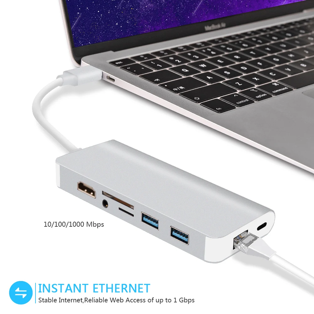 USB C концентратора USB-C к HDMI RJ45 3,5 мм аудио USB 3,0 зарядка PD Порты и разъёмы адаптер для MacBook Air Pro huawei Коврики 20 Тип C концентратора