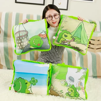 

38cm*38cm Cute Cartoon Plush Travel Frogs Pillow Toys Frogs Pillow Blanket Combo Two-in-one Pillows Air Conditioning Blanket