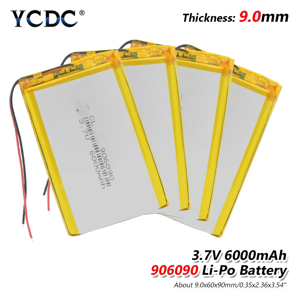 1/2/4 шт. Перезаряжаемые 906090 3,7 V 6000mAh Li-Po Батарея 3,54x2,36x0,3" Большой Ёмкость 6000mah литиевые батареи