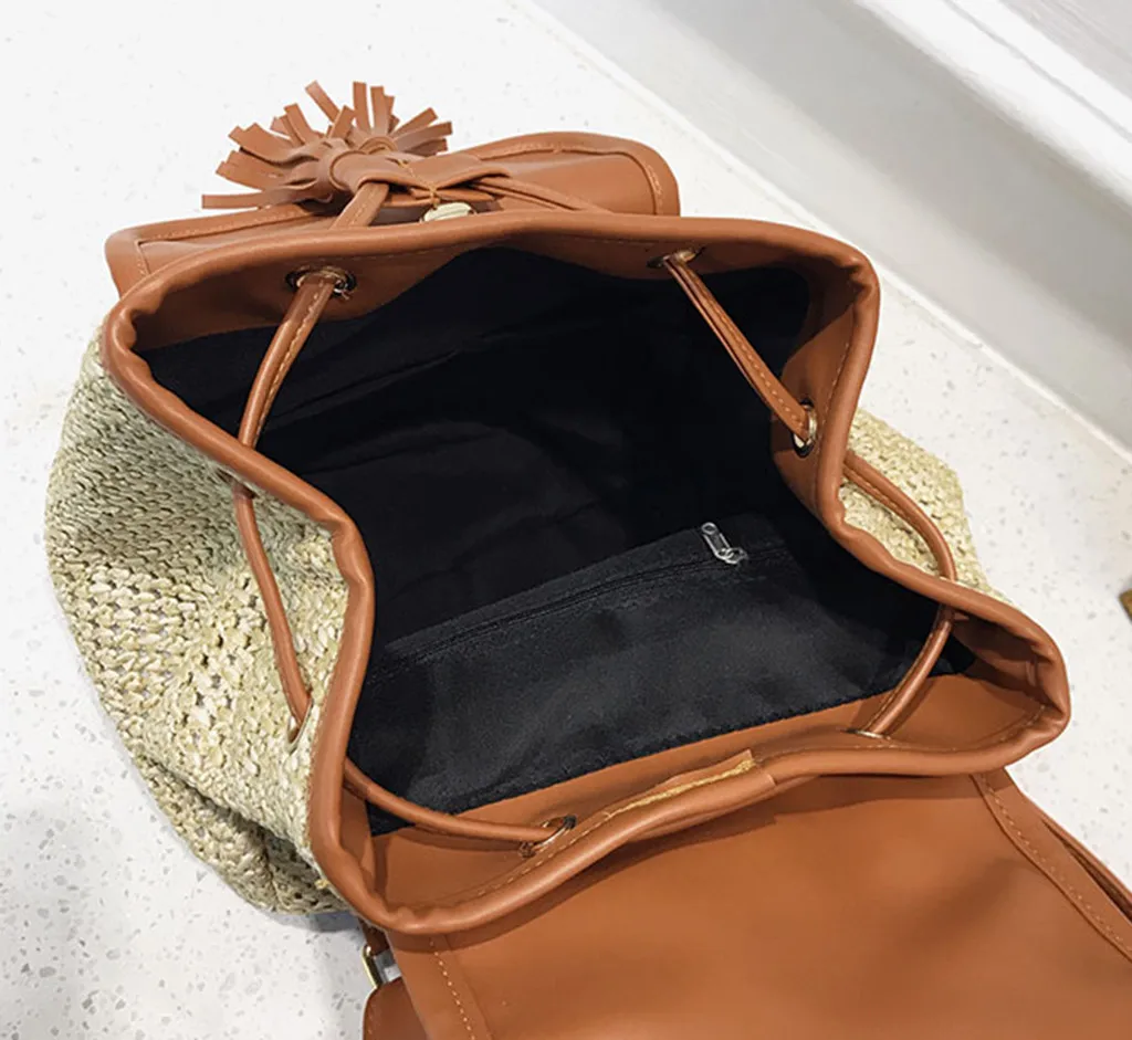 Женский тканый ротанг сумка рюкзак кожаные школьные сумки для девочек-подростков летняя пляжная сумка с кисточками для путешествий мини-рюкзак и сумка a dos