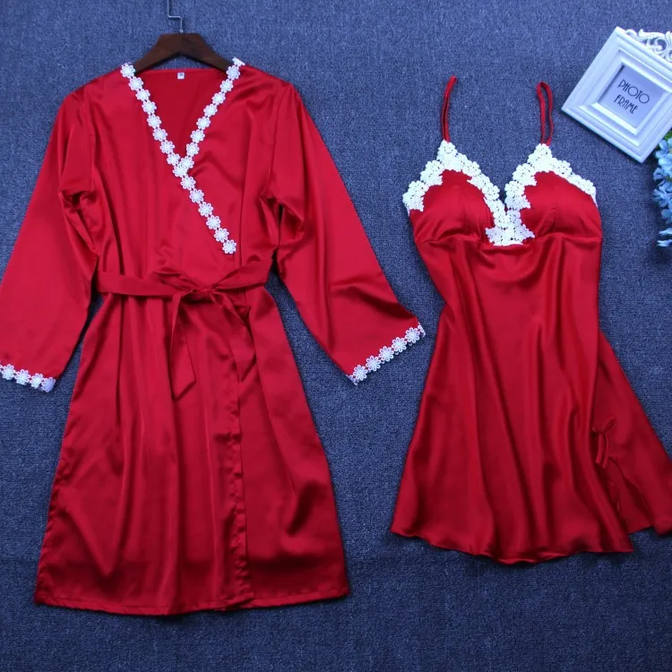 Женский сексуальный кружевной Шелковый халат и халат, комплект для сна, платье+ банный халат, 2 предмета, женское белье, 5 цветов, халат для подружки невесты, свадебная Пижама - Цвет: Красный