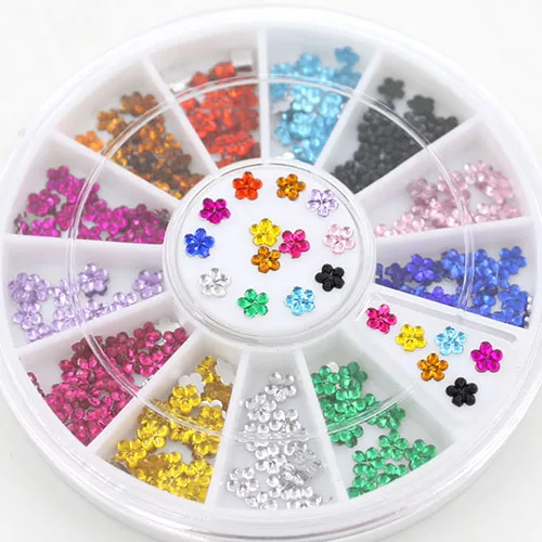 

200 Pcs 12 Colors Crystal Glitter Rhinestone Flower Nail Art Salon Stickers Manicure Wheel Studs DIY Decorations 5WGV 7H61