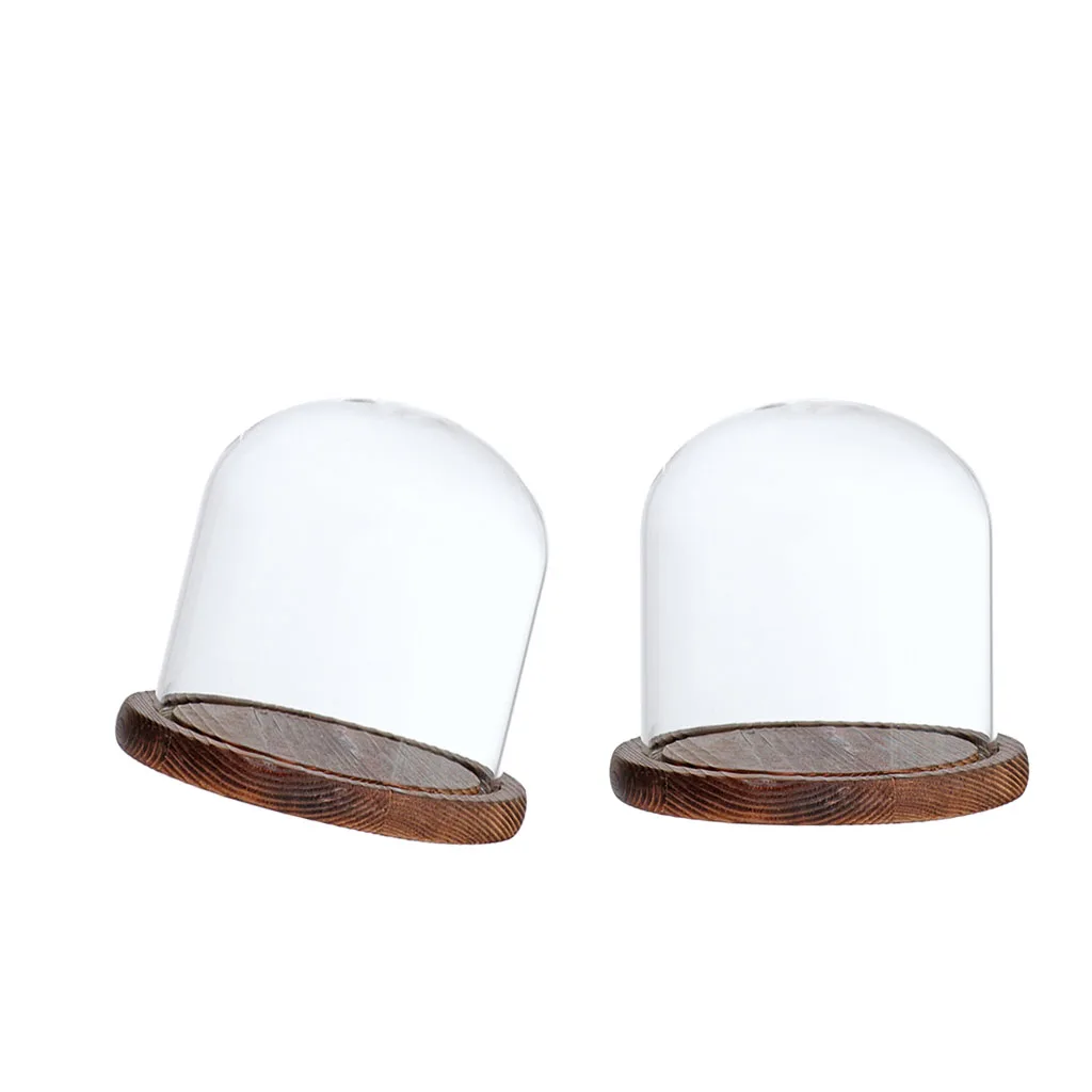 2Pcs 12x12cm Glass Landscape Flower Container LED Light Ornament Display Stand Cover Dome with Wooden Base Brown