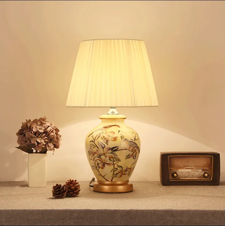 

Chinese rustic flower bird pattern ceramic art Table Lamps Fashion beautiful fabric E27 LED lamp for bedside&foyer&studio MF009