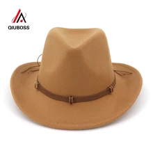 QIUBOSS Мужская Женская модная шерстяная фетровая шляпа Федора Западный Ковбой Девушка-ковбой яркая шляпа от солнца Toca сомбреро с кожаным ремешком