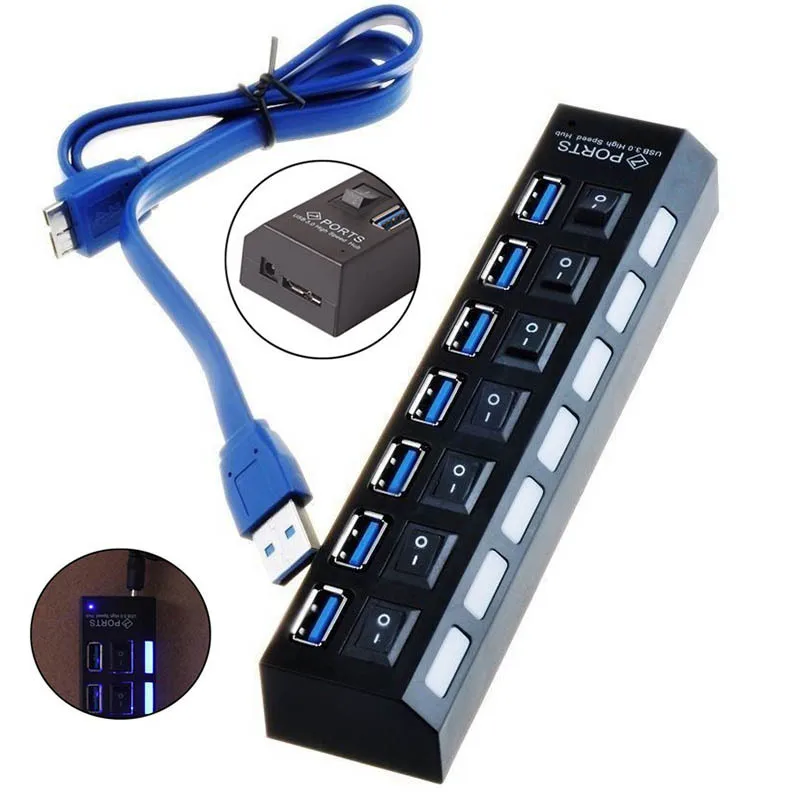 

7 Port USB 3.0 HUB With Power On/Off Switch Multiple Splitter For PC Computer Converter Laptop Accessories hubs Portable adapter
