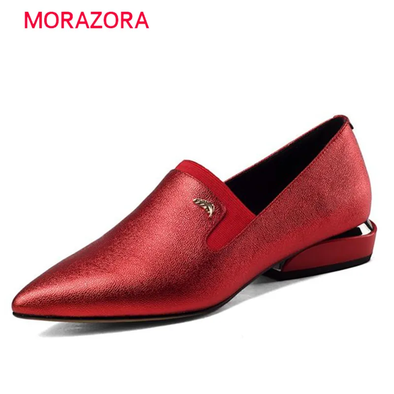 MORAZORA Genuine leather shoes pointed toe flats work shoes women solid top quality contracted large size 33-43