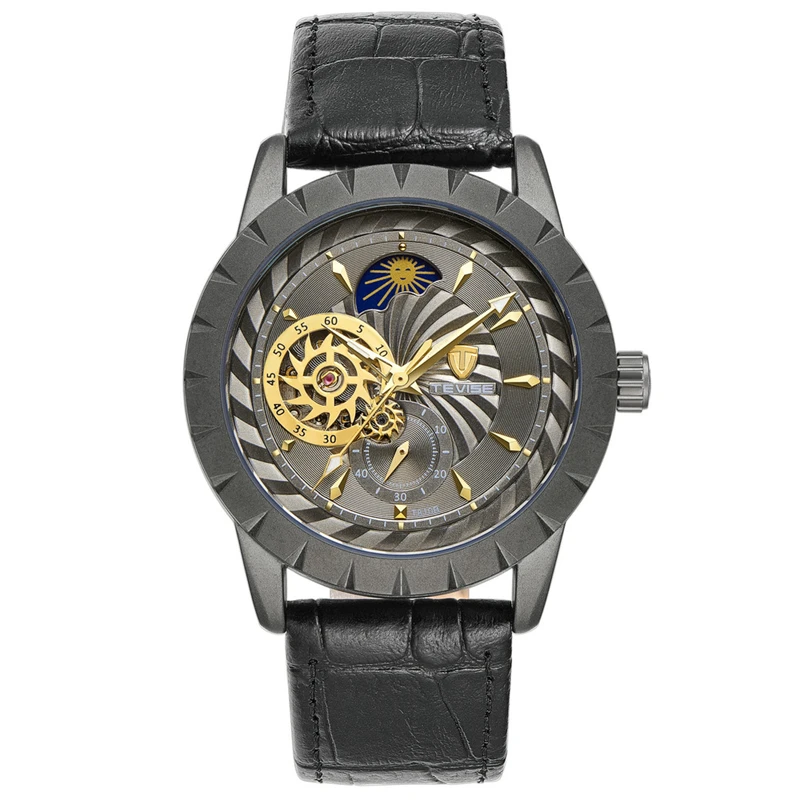 Tevise черные кожаные механические Автоматические часы для мужчин бизнес Tourbillon Moon Phase Skeleton Наручные часы Relojes Hombre T810b
