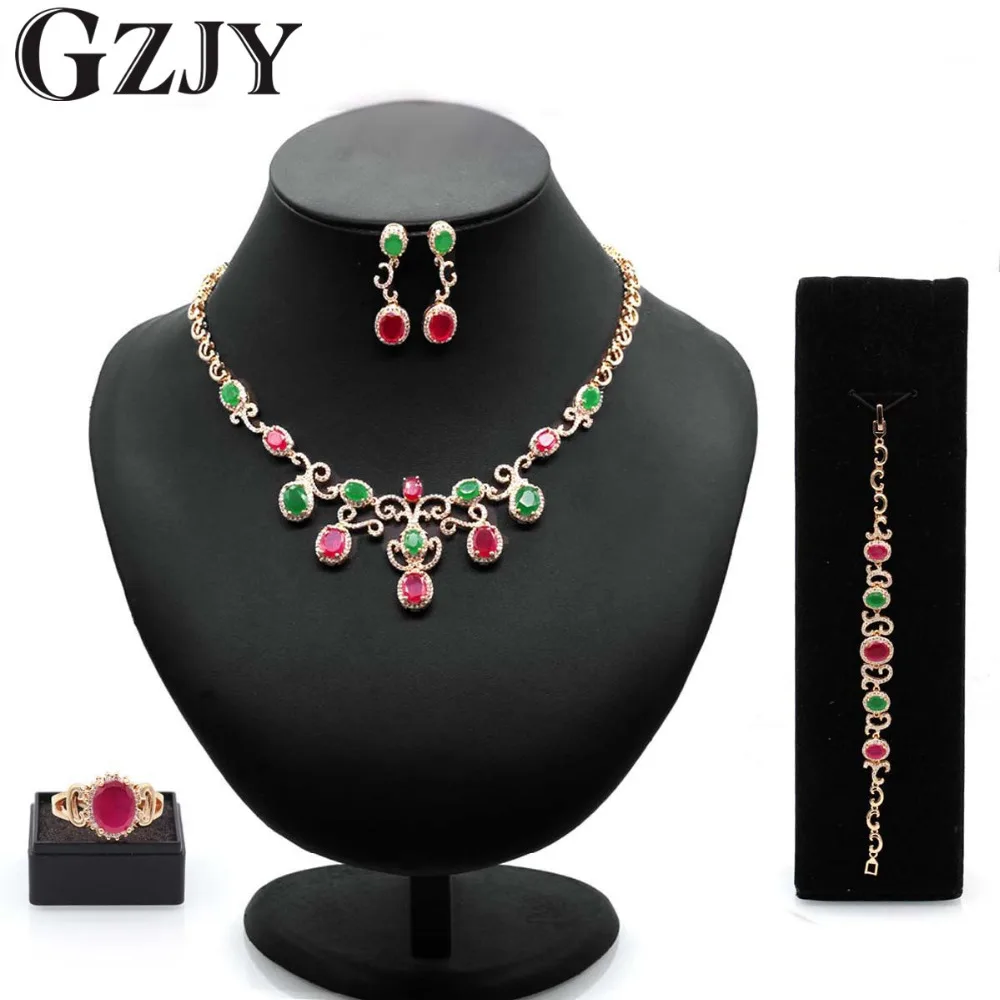 GZJY Luxury Wedding Bridal Jewelry Sets Green&Red Zircon Gold Color
