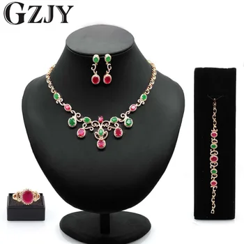 

GZJY Luxury Wedding Bridal Jewelry Sets Green&Red Zircon Gold Color Necklace Earring Ring Bracelet Sets for Women