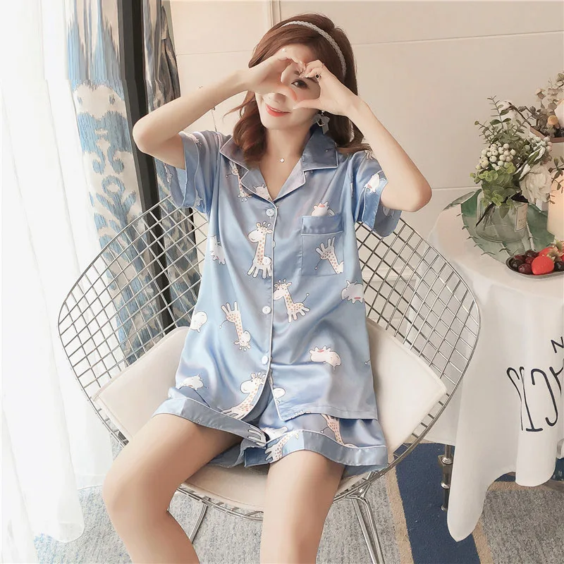 

Yidanna Women Silk Pajamas Set Summer Short Sleeved Sleep Clothing Lady Button Sleepwear Cute Cartoon Nightwear Female Nighty