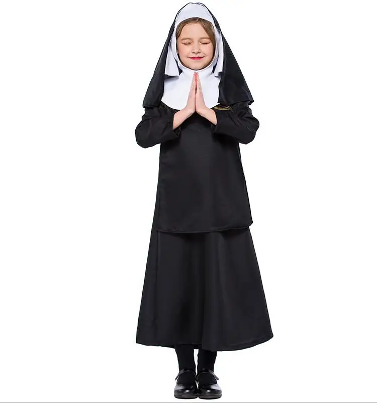 Disfraz de monja de Halloween para niñas, conjunto de vestido de chal con capucha negra, capa católica de lujo, uniforme para bebé y niño, S-XL