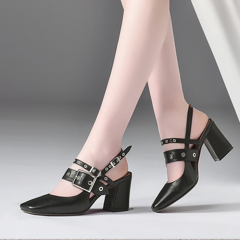 

Women Genuine Leather Sandals Black White Stud Square toe Block High Heels Ankle Buckle Strap Platform Pumps Sandalias Mujers