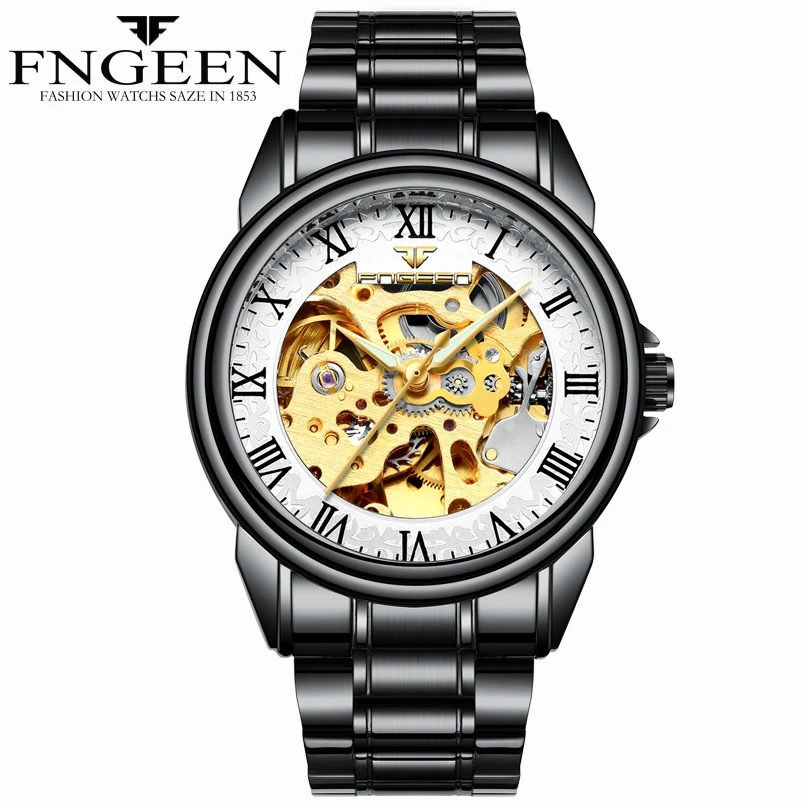 Автоматические механические часы для мужчин, мужские часы, золотые модные часы со скелетом, Лидирующий бренд Fngeen, наручные часы, Relogio Masculino - Цвет: man steel 2