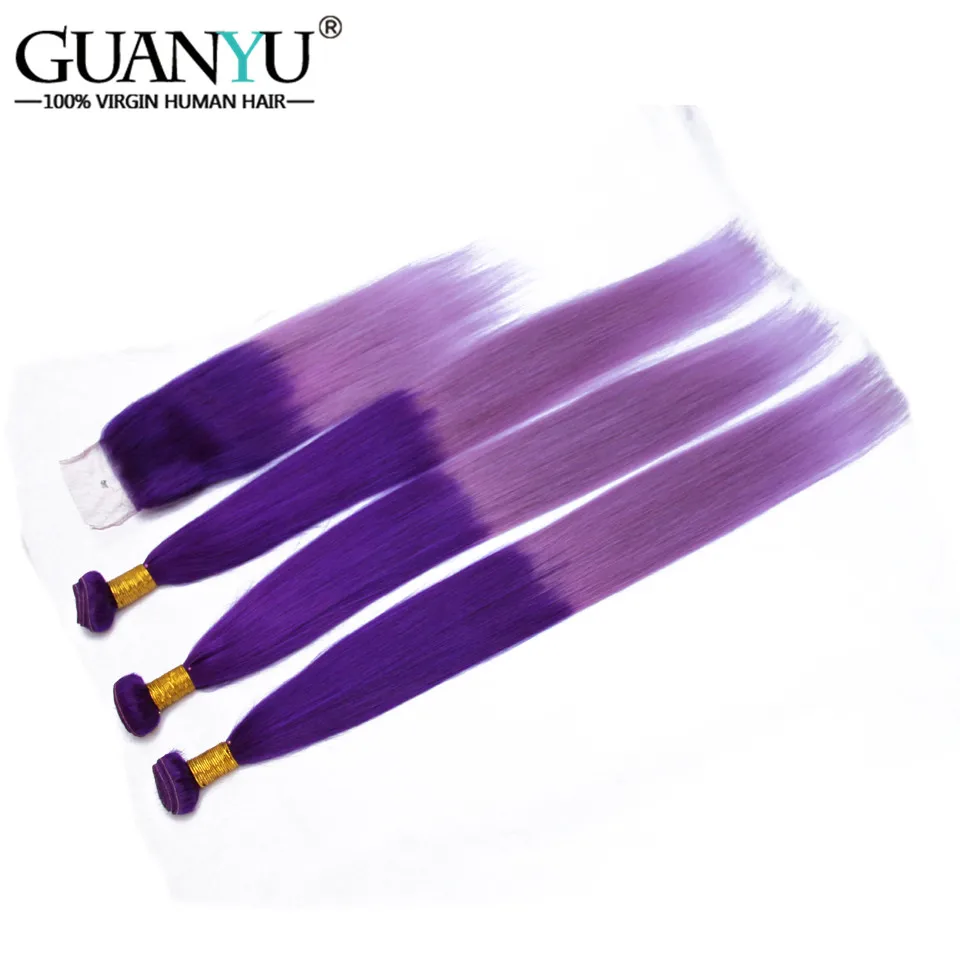 Guanyuhair Ombre # фиолетовый/светло фиолетовый 3 Связки с 4x4 синтетическое закрытие