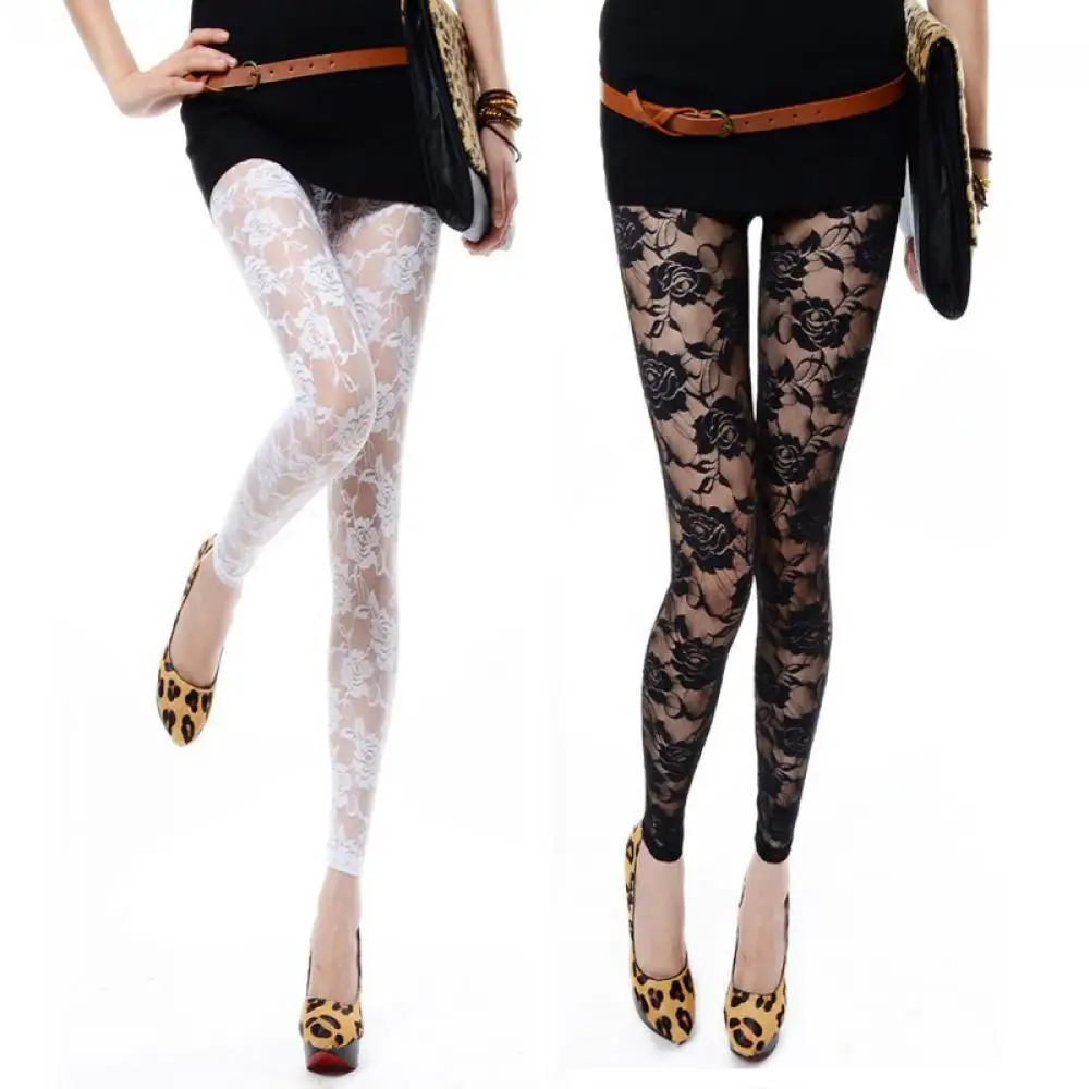 

1PCS Fashion Sexy Women Lady Rose Lace Elegant Through Leggings Pants Footless Black White Skinny Pants for women