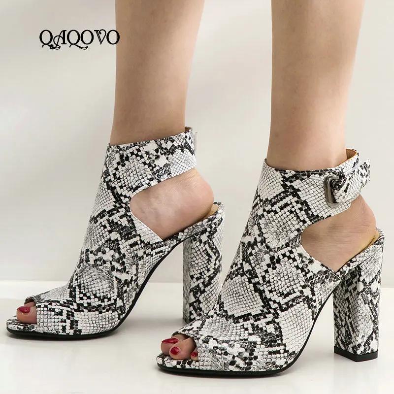 

Women Summer Ankle Boots Snake Skin Pattern Sandals High Heels Open Toe Chunky High Heels Gladiator Sandals Fashion Party Shoes