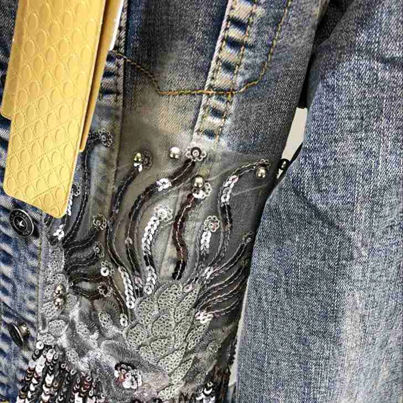 Модный с жемчугом ручной работы джинсовая куртка с заклепками Женская тонкая джинсовая куртка с заклепками и кисточками короткая джинсовая куртка с блестками Повседневная Верхняя одежда для девочек