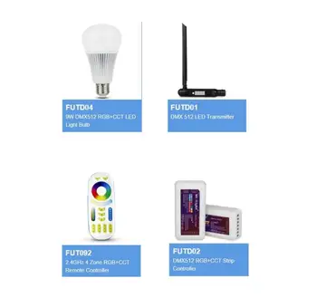 

DC12V-24V Mi Light FUTD01 DMX 512 LED Transmitter FUTD02 DMX512 RGB+CCT Strip Controller FUTD04 9W DMX512 RGB+CCT LED Light Bulb