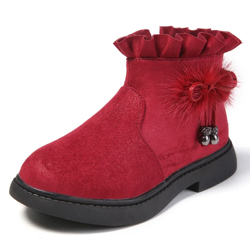 

COZULMA Girls Suede Ankle Boots Fashion Kids Fur Bow Boots Autumn Winter Children High-quality Plush Boots Shoes Size 27-37