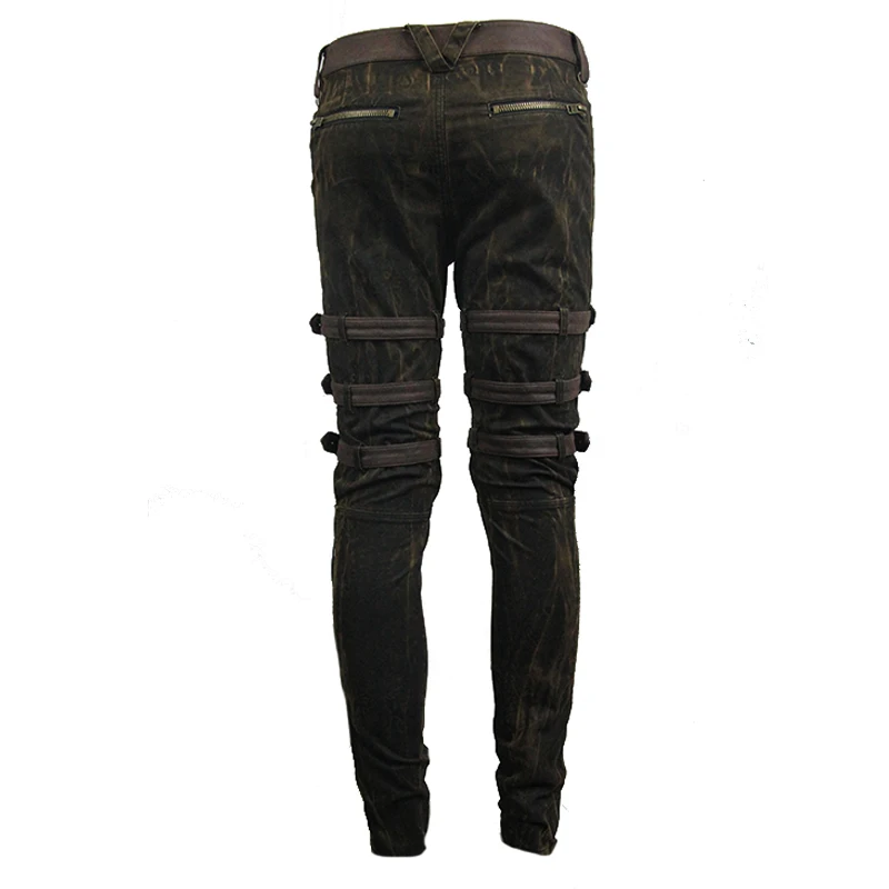 Steampunk Men Long Jean Gothic High Waist Black Brown Tights Slim Trousers Straps in the Leg Lace Up Pencil Pants New