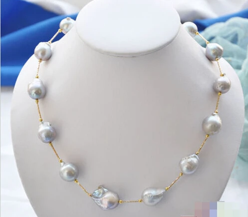 

shipping P4018 17" 17mm gray BAROQUE KESHI REBORN PEARL gild drivepipe necklace