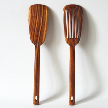 

2pcs(1 Set) Teakwood Slotted Turner Spatulas Non-stick Wood Cooking Utensils Eco-friendly