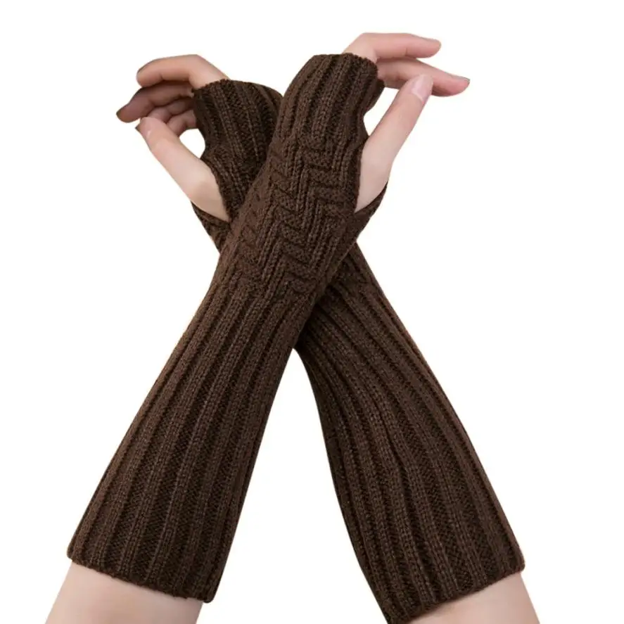 Повседневные модные унисекс полудлинные перчатки, вязаные зимние перчатки без пальцев, мягкие митенки, женские теплые перчатки без пальцев - Цвет: Coffee