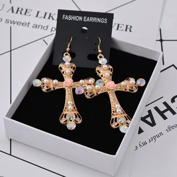 

New Arrival Vintage Crystal Cross Drop Earrings for Women Baroque Bohemian Large Long Earrings Jewelry Brinco