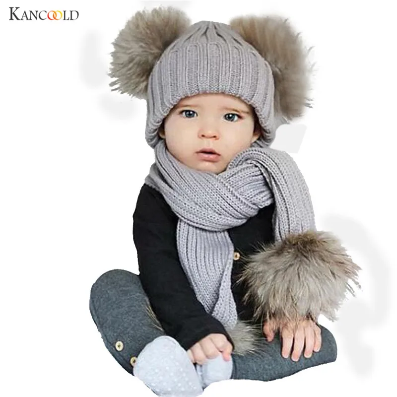 

2017 cotton babywear Fur Ball beanies +scarf sets boys girls caps & collars suits children kids hats gorros infantiles oc18