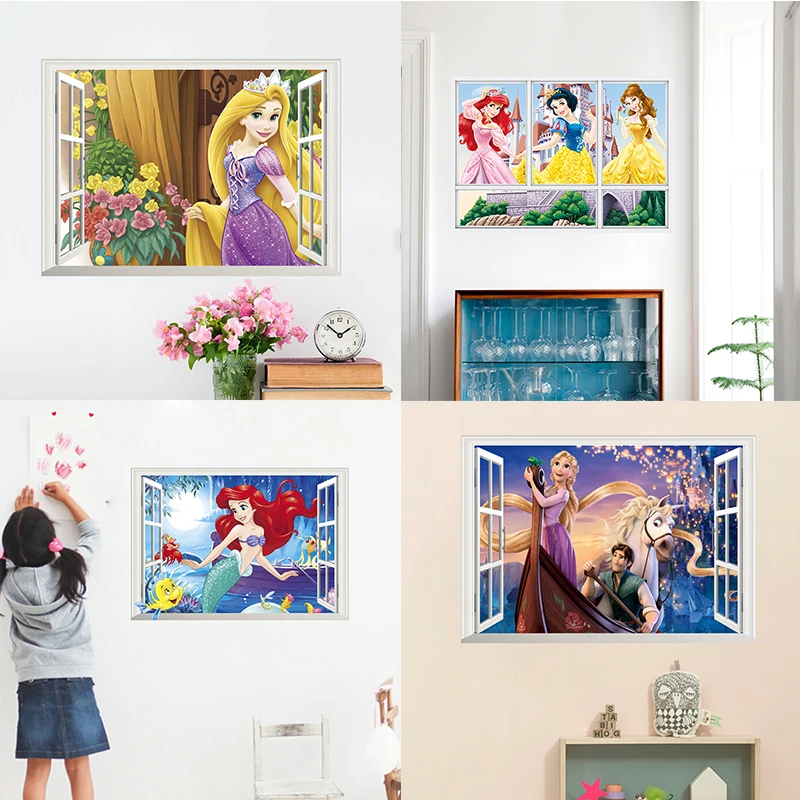 

Frozen Snow White Cinderella Belle Aurora Princess 3D Window Wall Stickers Kids Room Home Decor Cartoon Mural Anime Wall Decals