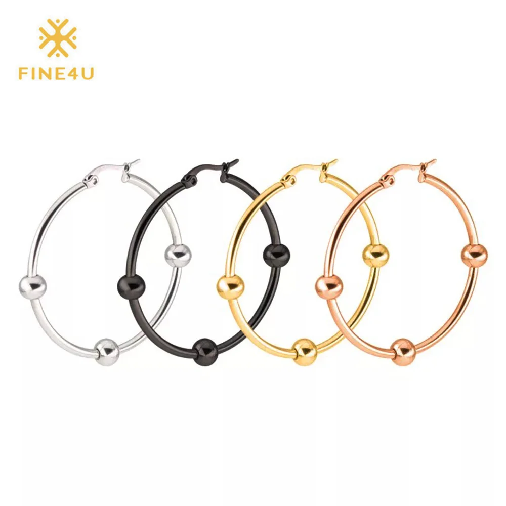

2018 New FINE4U E053 Small Big Circle Hoop Earrings For Women 316L Stainless Steel Beads Earrings Wedding Party Earring 4 Colors