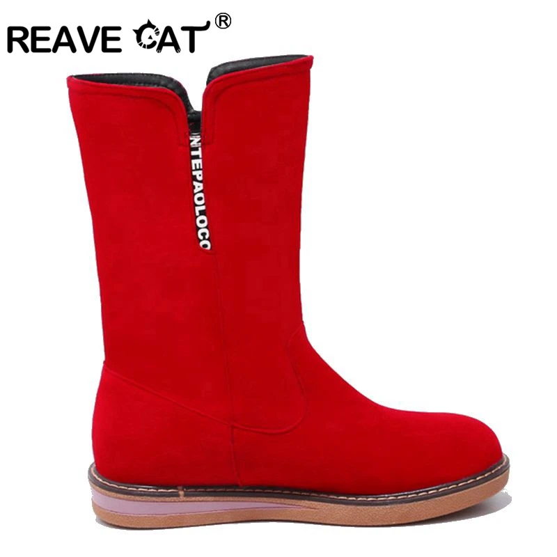 REAVE CAT/обувь женские ботинки до середины икры женские ботинки на плоской подошве осенне-зимние ботинки без застежки с круглым носком модная женская обувь A029