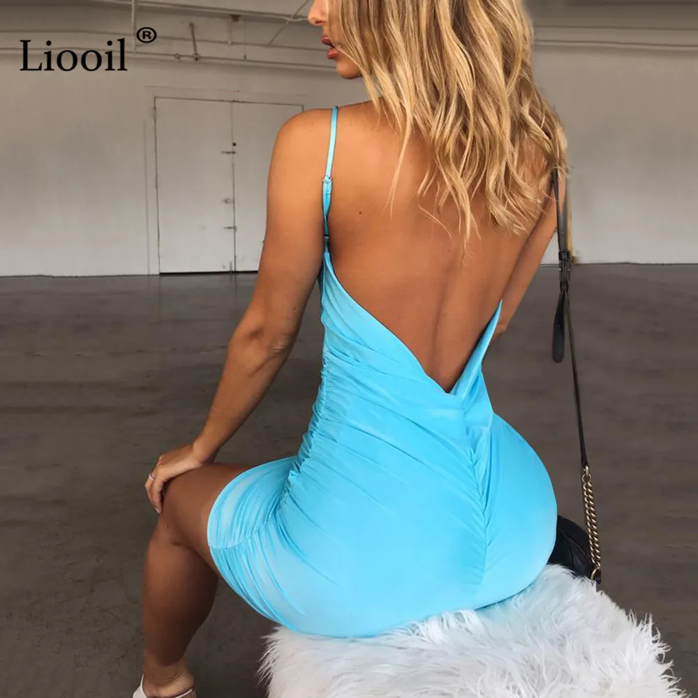 

Liooil Sexy Backless Summer Mini Dress Women 2019 Spaghetti Strap Bodycon Party Dress V Neck Draped Black Red Casual Dresses