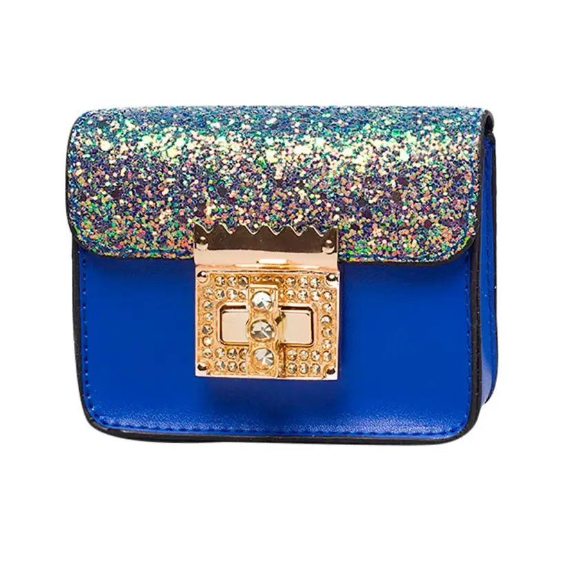Детская мини-сумка на плечо из искусственной кожи с блестками, сумка-мессенджер для девочек, однотонная маленькая квадратная сумка с пряжкой, Сумочка# F - Цвет: Blue