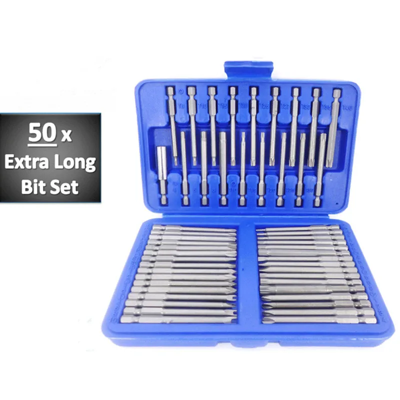 Günstig 50 stück Extra Lange Bit Set Torx Stern Hex Pozi Phillips Schlitz schraubendreher Hand Tool Set Cr V 75mm Länge