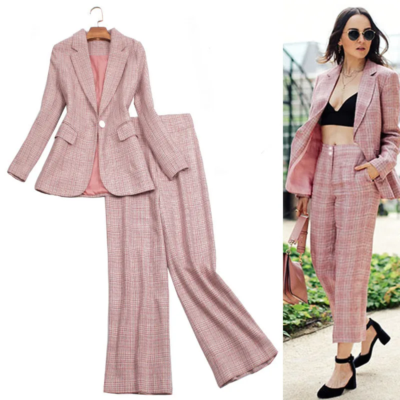 

Sexy Elegant Business Pants Suits Formal Woman Work Office Lady Wear Pink Vintage Spring Autumn Casual Plaid Blazer Trousers Set