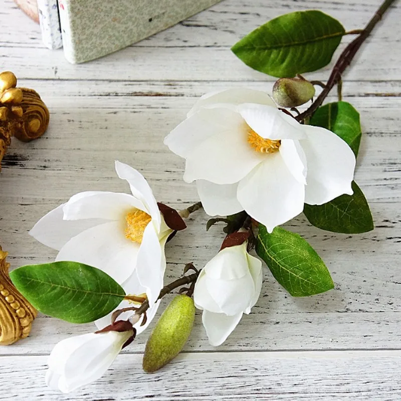 

Luxury long stem 4Heads Artificial Magnolia Flower branch for home Wedding Decoration fake Flowers garden decor flores