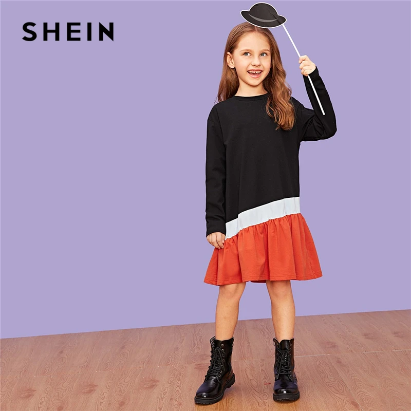 SHEIN/детское праздничное платье с цветными блоками и вышивкой для девочек; коллекция года; сезон весна; повседневные Детские платья средней длины с длинными рукавами; Одежда для девочек