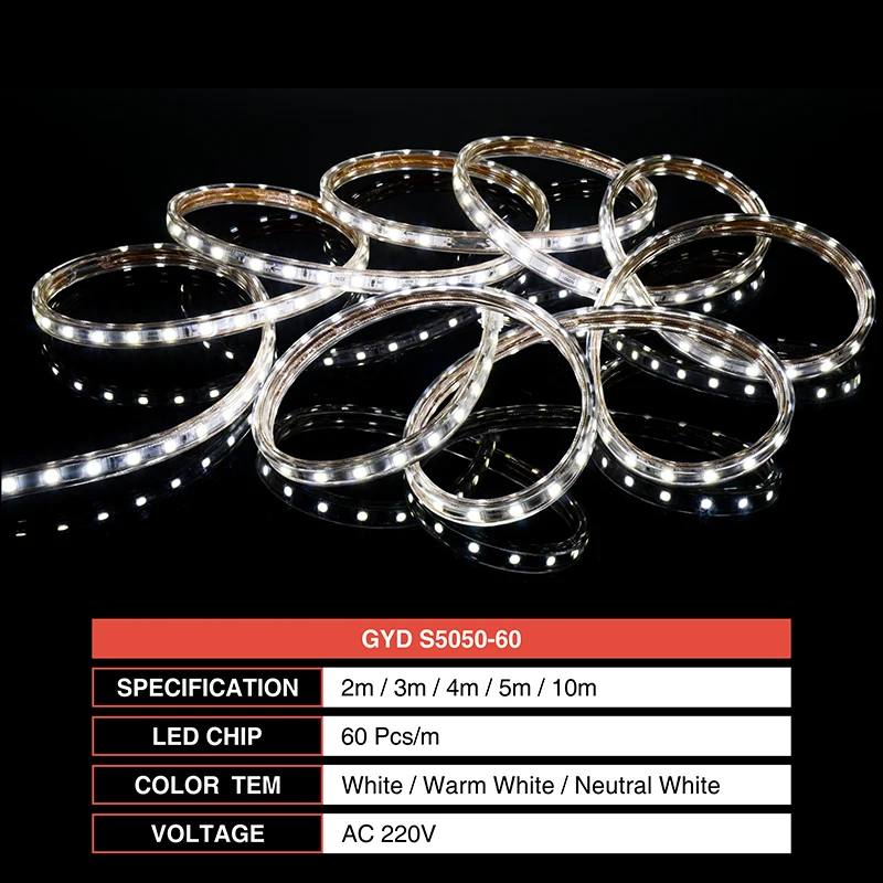 Светодиодная лента 2 м 3 4 5 10 AC220V SMD5050 IP65 Водонепроницаемый 60 светодиодный s/M