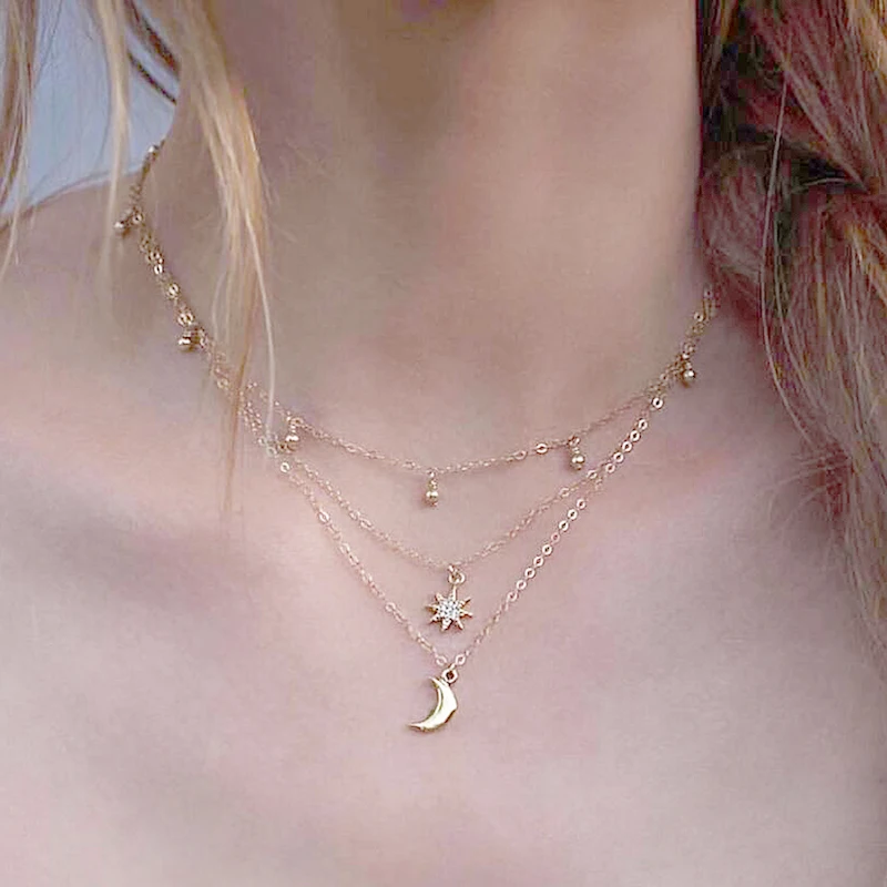 

2018 New necklace 1PC Golden Sexy Moon Multi Layer Beads Pendant Necklace Party Allergy Free Boho Jewelry Adjustable choker boho