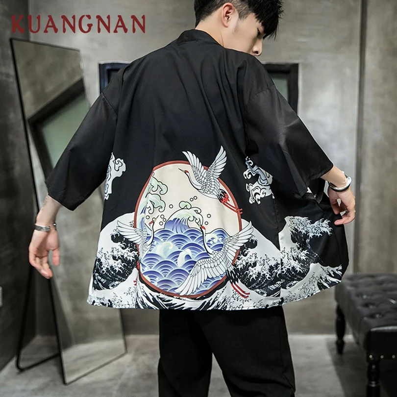 

KUANGNAN White Crane Print Kimono Men Japanese Kimono Cardigan Harajuku Kimono Shirt Men Streetwear Hawaiian Shirt Men 2019 New