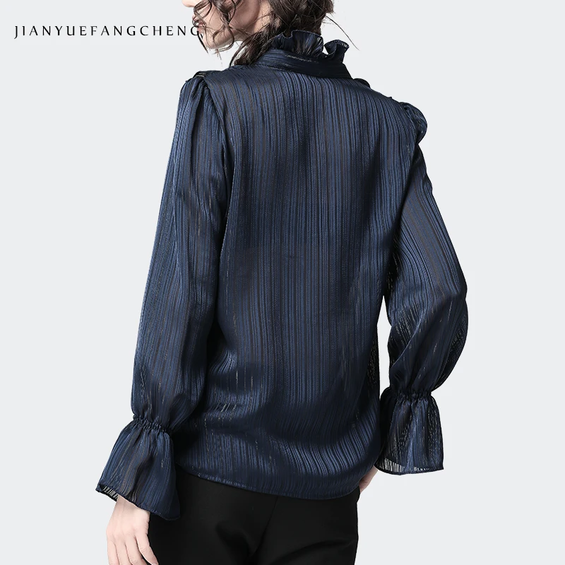 Women Satin Shirt Ruffled Stand Collar Flared