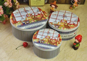 

3pcs/set Round Metal Storage Afternoon Tea Time Printing Biscuit Tin Storage case Chocolate Collect Container Metal Cookie box