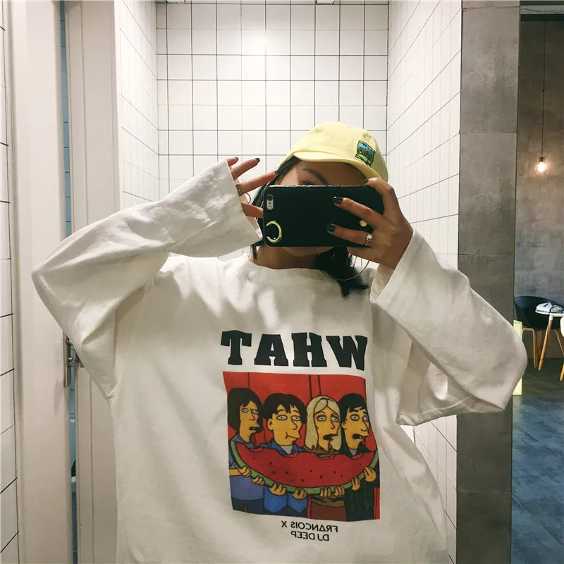 

YouGeMan T Shirt Femme 2019 Spring Autumn Korean Style Ulzzang Harajuku Kawaii Printed Long Sleeve T-shirt For Women Basic Tops